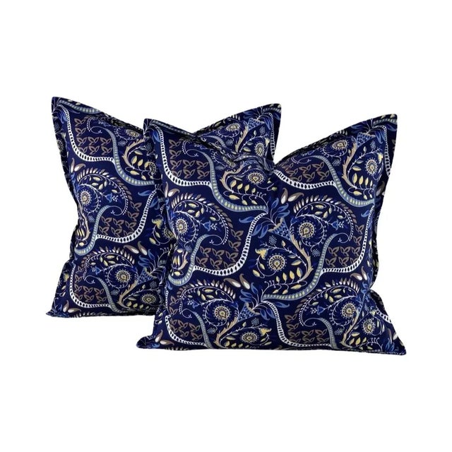 Blue Designer Vicki Payne Free Spirit Blue Brown Tan Yellow Modern Botanical Paisley Leaves Pillow Covers- Pair For Sale - Image 8 of 8