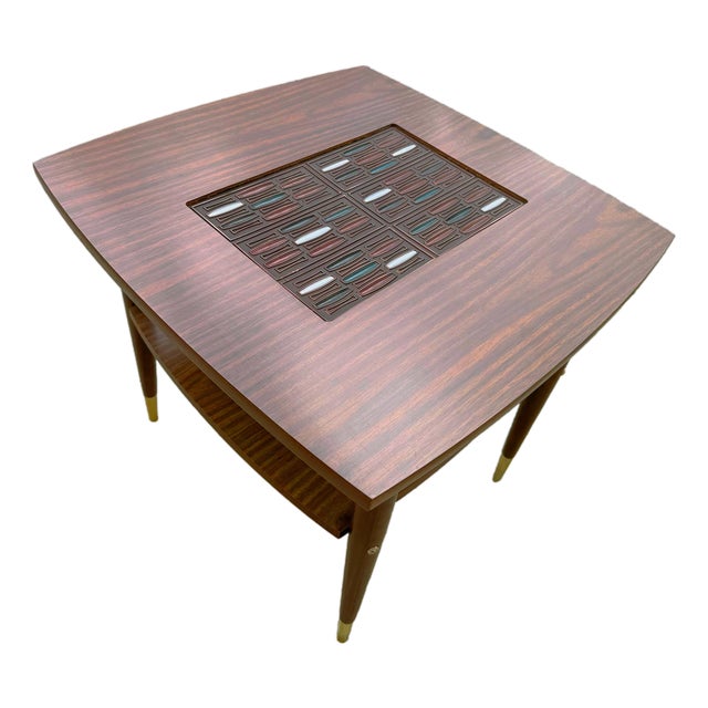 Vintage Tiled Walnut Laminate Two-Tiered End Table For Sale