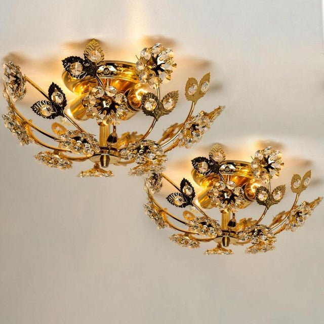 Gold-Plated Flower Flush Mounts attributed to Palwa, 1970s, Set of 2 For Sale - Image 4 of 14