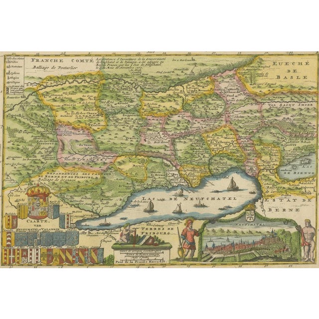 Antique Map of Neuchâtel & Lake Neuchâtel with Heraldry, 1706 For Sale - Image 3 of 10