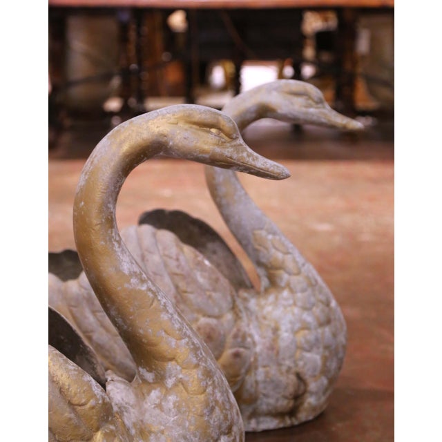 Metal Pair of Mid-Century French Cast Metal Swan Garden Planters With Patina and Gilt For Sale - Image 7 of 10
