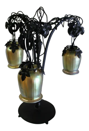 Art Deco Style Forged Iron Lamp and Gold Favrile Shades