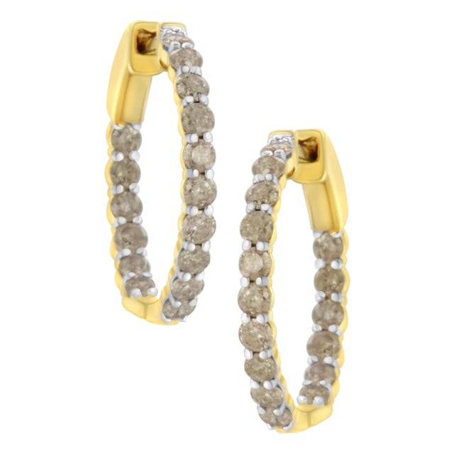 10K Yellow Gold Plated Sterling Silver Diamond Hoop Earrings (2 cttw, K-L Color, I2-I3 Clarity) For Sale