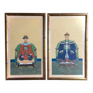 Antique Pair of Framed Chinese Ancestor Paintings Faux Bamboo Frames For Sale