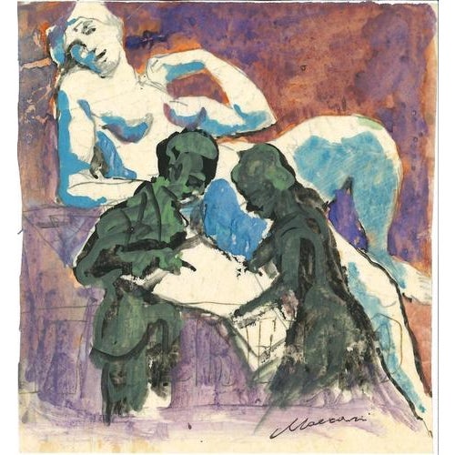Couple is an original artwork realized by Mino Maccari in the 1960s. Mixed media colored drawing (pencil, ink and...