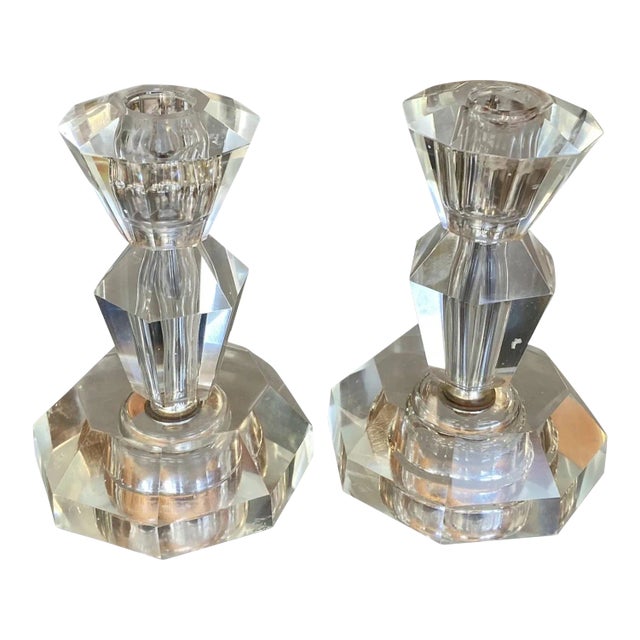 Vintage Heavy Cut Crystal Faceted Candlesticks, a Pair For Sale