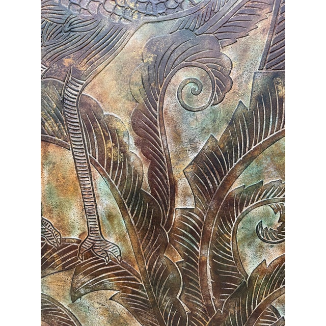 1970s 1970s Signed Peacock Relief 6-Panel Folding Screen by K. Walton 12/100 For Sale - Image 5 of 18