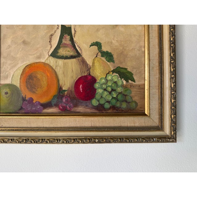 Green 1970s Frances Heller “Fruit and Wine” Still Life Oil on Canvas Board Painting, Wood Framed For Sale - Image 8 of 10