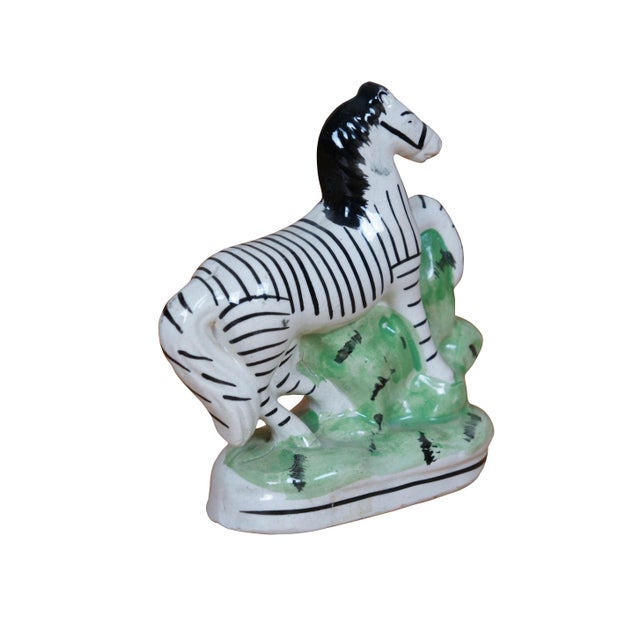 African Antique Staffordshire Porcelain Flatback African Zebra Striped Horse Figurine For Sale - Image 3 of 10