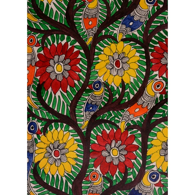 This vibrant hand-painted Madhubani (Mithila) folk artwork by Mamta Devi, National Award winner in 2016, celebrates the...