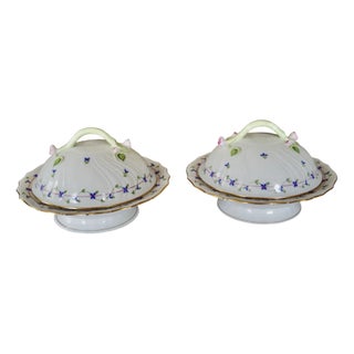 Blue Garland Vegetables Tureens on Stand with Branch Handle from Herend, 2005, Set of 2 For Sale