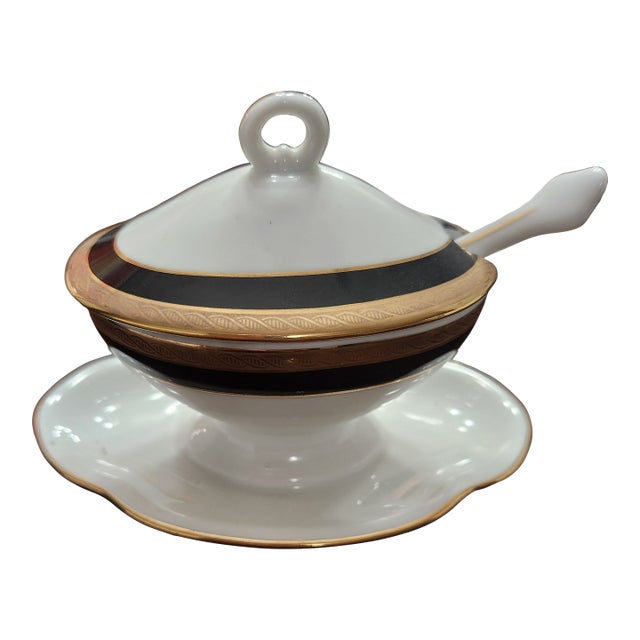 Early 20th Century Richard Ginori Italian Porcelain Condiment Dish & Spoon For Sale