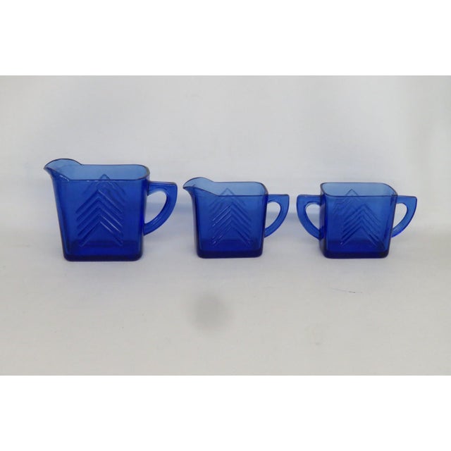Mid-Century Modern Mid 20th Century Hazel Atlas Cobalt Blue Glass Chevron 3pc Set 2 Creamers and Sugar Bowl For Sale - Image 3 of 12