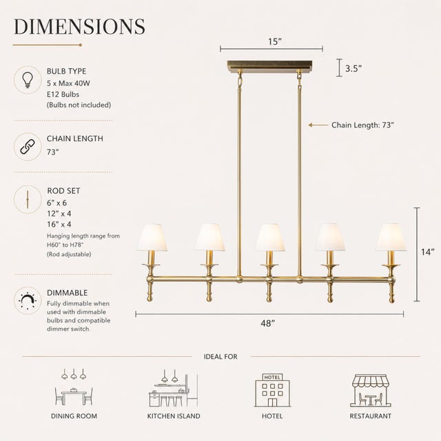 This 5-light linear chandelier features a warm brass finish and a clean, elongated silhouette that brings timeless...