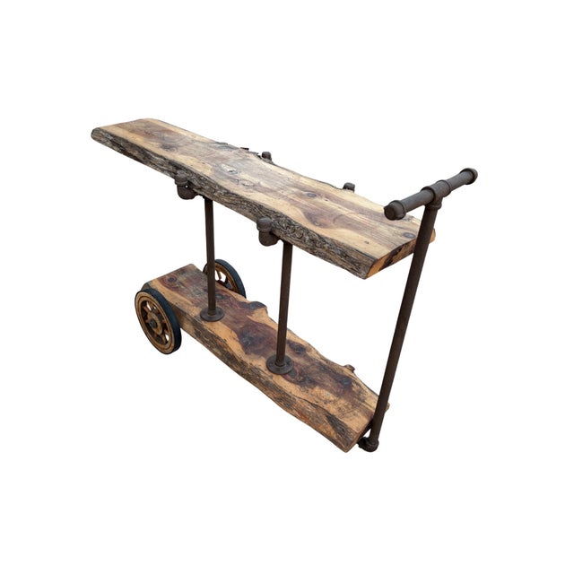 Industrial 1990s Handcrafted Raw Edge Cedar Wood Industrial Cart For Sale - Image 3 of 11
