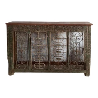 1920s Green Iron Jali Carved Tv Media Console Table, 64x42 For Sale