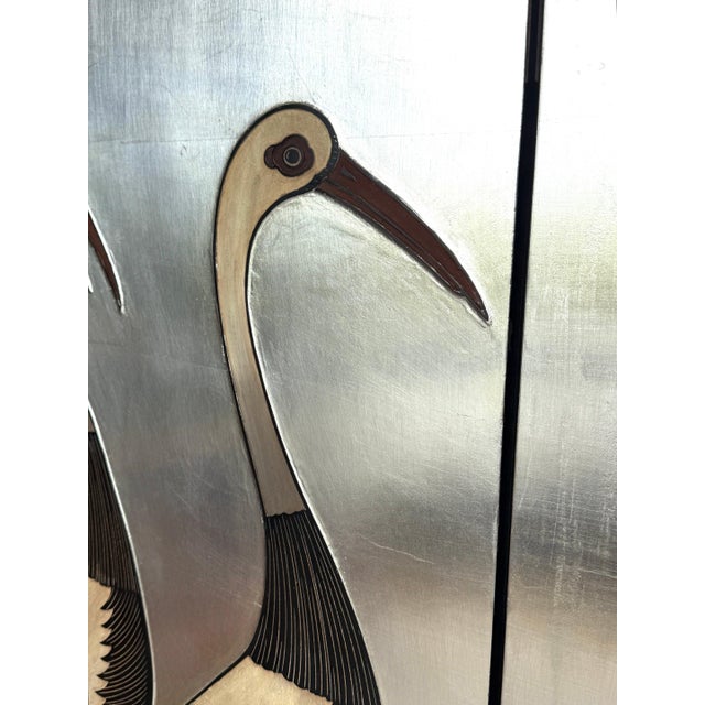 Metal Art Deco Style Six-Panel Silver Leaf Crane Screen, Hong Kong, Circa 1980 For Sale - Image 7 of 18