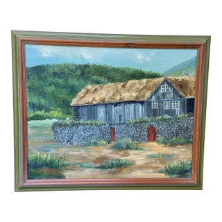 1960’s Pastoral / Architectural Folk Art Oil Painting on Faroe Islands For Sale