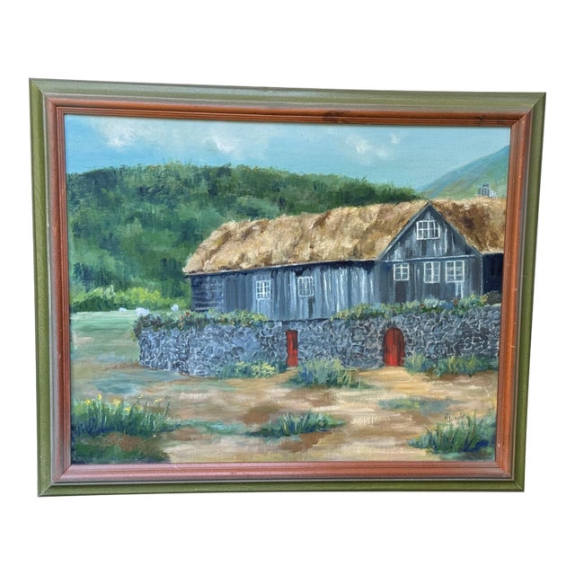 1960’s Pastoral / Architectural Folk Art Oil Painting on Faroe Islands For Sale