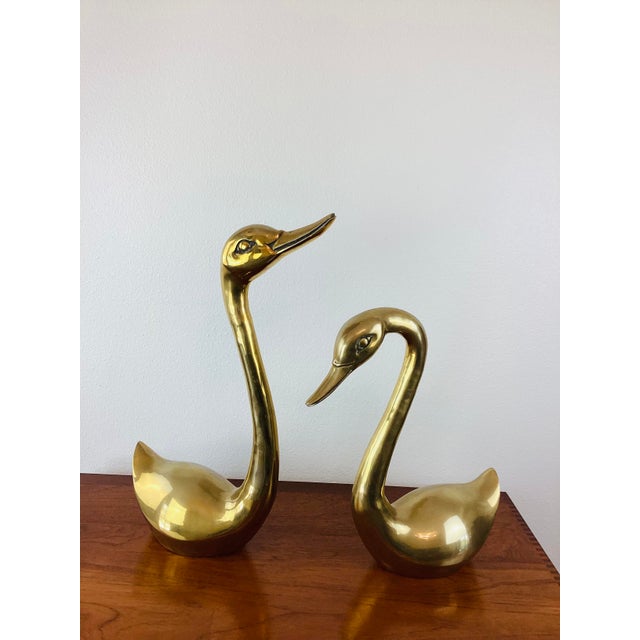 Vintage 1970s Pair of Brass Swan Statues nice large size made of brass sleek smooth surface larger measures appx - 23"T -...