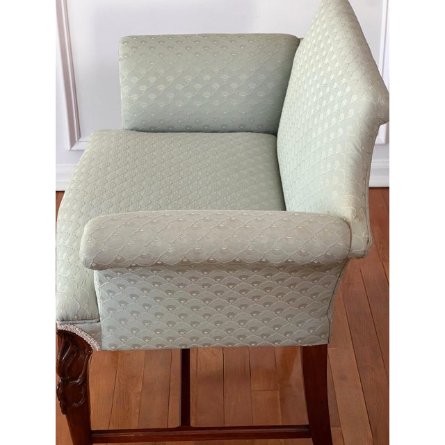 Georgian Carved Mahogany Upholstered Vanity Bench, Celadon Blue, Early 20th Century For Sale - Image 13 of 18