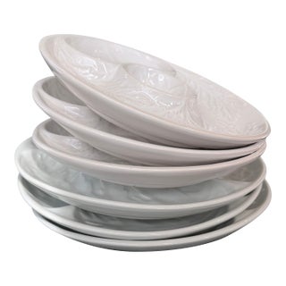 Vintage French and Portuguese Faeince Artichoke Plates - Mixed Set of Six White Porcelain Artichoke Plates For Sale