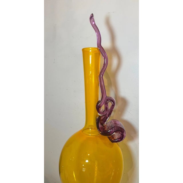 American 1990s Gigantic Hand Blown Michael J Schunke Yellow Purple Signed Studio Art Glass Vase For Sale - Image 3 of 13