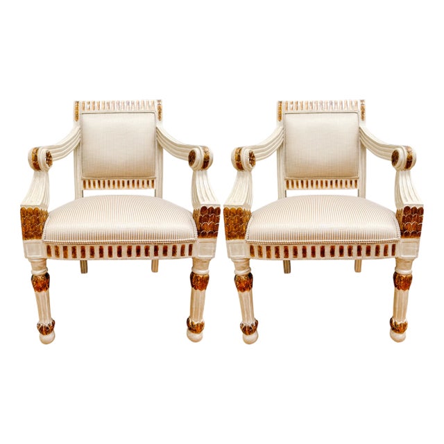 Early 20th Century Vintage Italian Neoclassical Gilt & Painted Armchair Fauteuils With Rosette Carvings - A Pair For Sale