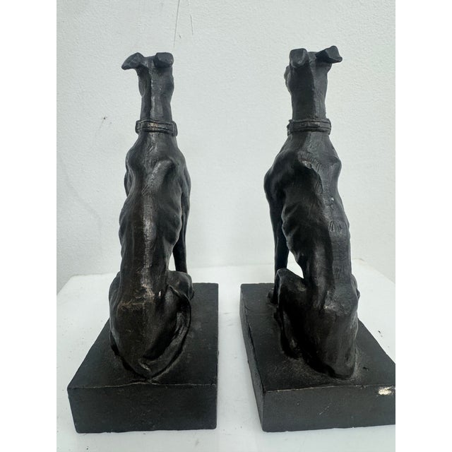 Hollywood Regency Late 20th Century Pair of Cast Iron Greyhound Dog Bookends With Bronze Finish For Sale - Image 3 of 6