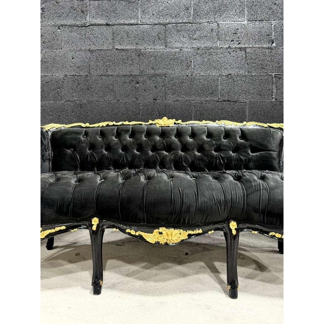 Black Gothic Black Velvet Sofa With Hand-Applied Gold Leaf Frame For Sale - Image 8 of 9