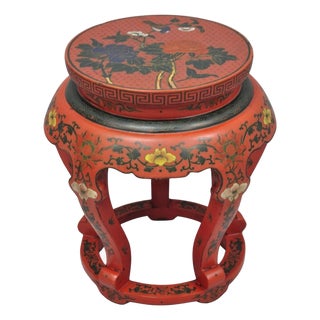 Vintage Chinoiserie Red Lacquer Pedestal Plant Stand Garden Stool Side Table (A) For Sale