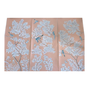 24"* 53", Pink Wall Artwork, Triptych Hand-Painted Chinoiserie Silk, Silk Wallpaper