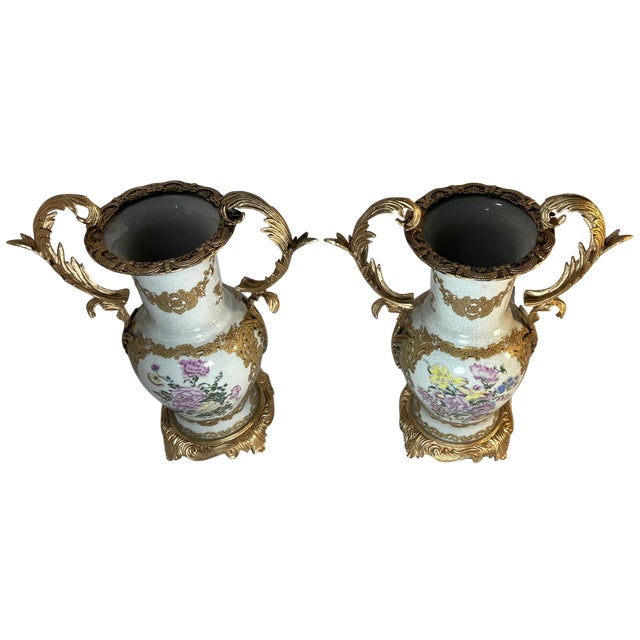 Rococo Vintage Ormolu Rococo Ceramic Urns With Floral Motif- A Pair For Sale - Image 3 of 15