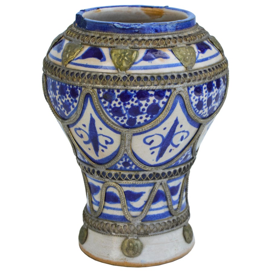 Early 20th Century Blue Moroccan Vase With Engravings | Chairish