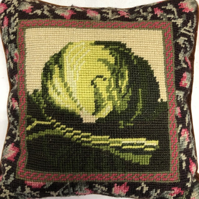 English Vintage Needlepoint Pillow With Cabbage Design For Sale - Image 3 of 5