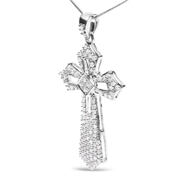 .925 Sterling Silver 1.00 Cttw Diamond Fleur De Lis Cross 18" Pendant Necklace (H-I Color, I2-I3 Clarity) For Sale - Image 4 of 6