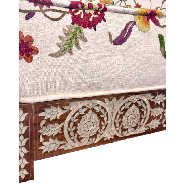 Vintage Mother of Pearl Inlay Bench With Hand Embroidered Suzani-Style Linen Upholstery For Sale In Los Angeles - Image 6 of 10