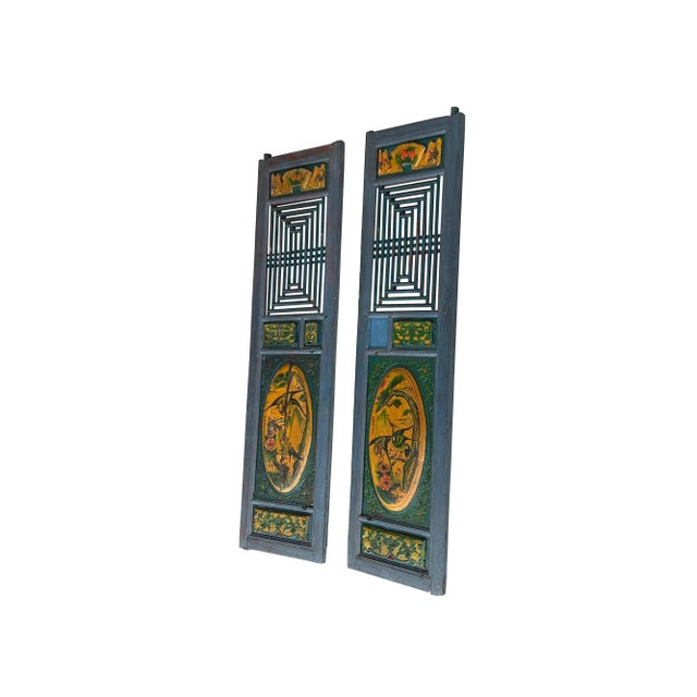Pair Vintage Chinese Teal Blue Yellow Fujian Style Graphic Wood Wall Door Panels For Sale - Image 4 of 11