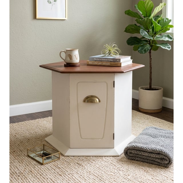 A distinctive vintage Mersman hexagonal end table beautifully refreshed with a soft cream finish and warm natural wood...