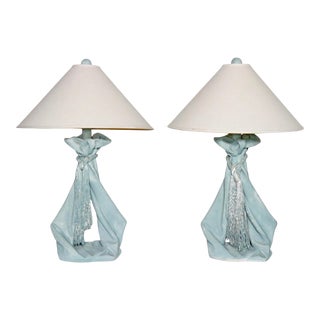 1970s John Dickinson Attributed Aqua Draped Plaster Lamps with Tassels - A Pair For Sale