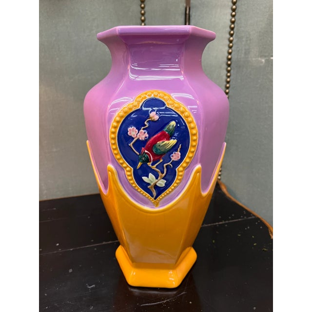 Beautiful Czechoslovakian urn adorned with birds and cherry blossoms. c. 1900’s. Art Deco style in bold colors. 5” opening...