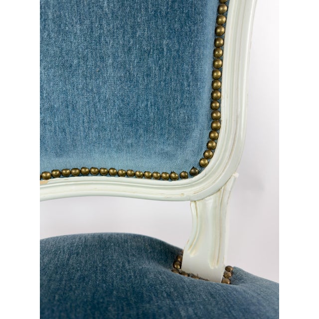 Vintage Louis XV Style Painted Wood Chair With Blue Velvet Upholstery For Sale - Image 9 of 16