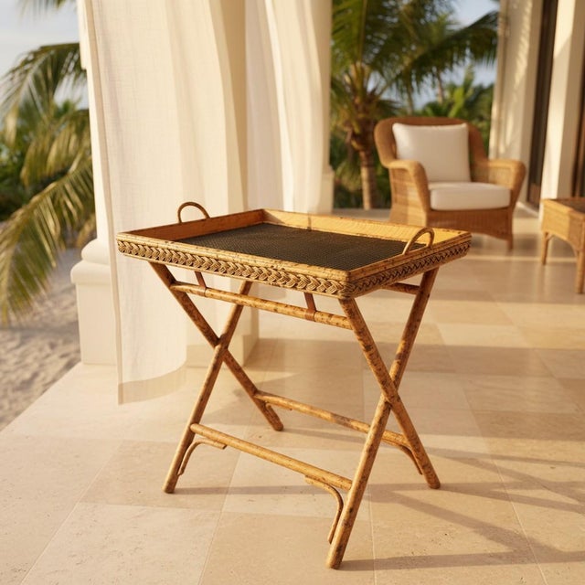 Bring timeless resort style to your home with this vintage faux tortoiseshell bamboo folding tray table featuring a...