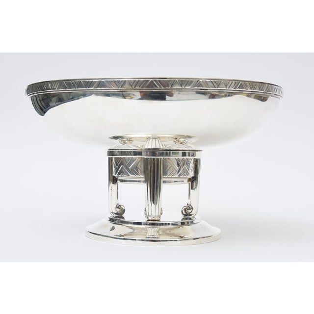 This very special and very rare vintage Art Deco signed Apollo 1930's pedestal bowl or centerpiece bowl is silver-plate....