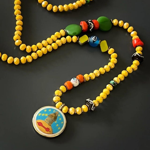 African Colorful Nepal Mantra Pendant Yellow Beaded Long Necklace For Sale - Image 3 of 17