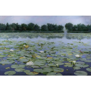 The Lily Pond by Sheri Farabaugh | Oil on Canvas Landscape with lily pads and flowers on water For Sale