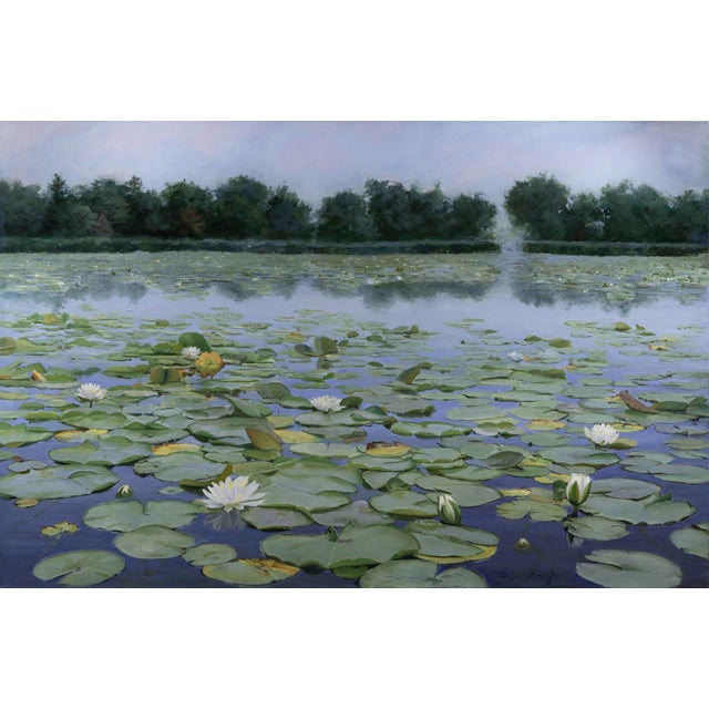 The Lily Pond by Sheri Farabaugh | Oil on Canvas Landscape with lily pads and flowers on water For Sale