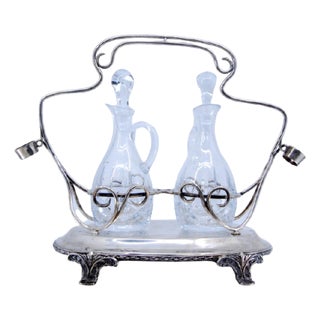 Silver Cruet with Vegetal Feet and Cut Glass Cruets, Set of 3 For Sale