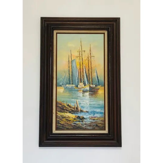 Mid 20th Century Mid 20th Century B. Wilder Sailing Ship Nautical Seascape Harbor Oil Painting For Sale - Image 5 of 5