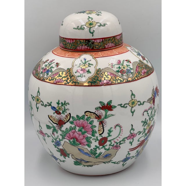 Chinese Export Famille Rose Oriental Gilt Porcelain Lidded Ginger Jar Tea Caddie For Sale - Image 4 of 11
